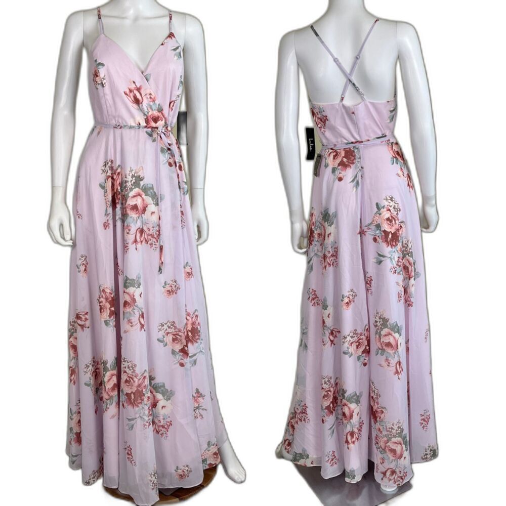 Lulus Womens Size S Elegantly Inclined Lavender Floral Print Wrap Maxi Dress NEW